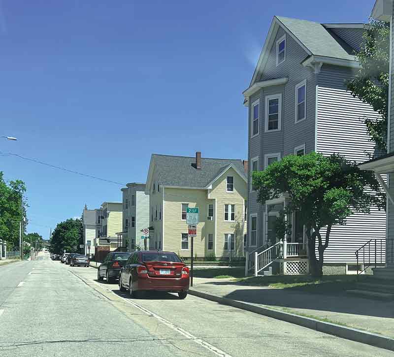 A treeless street in Manchester, New Hampshire