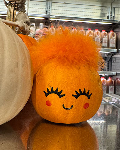 Zero-Carving Pumpkin with fluffy orange hair and face stickers