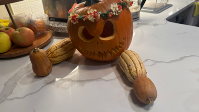 Jack-o’-lantern recently carved for a green Halloween party. 