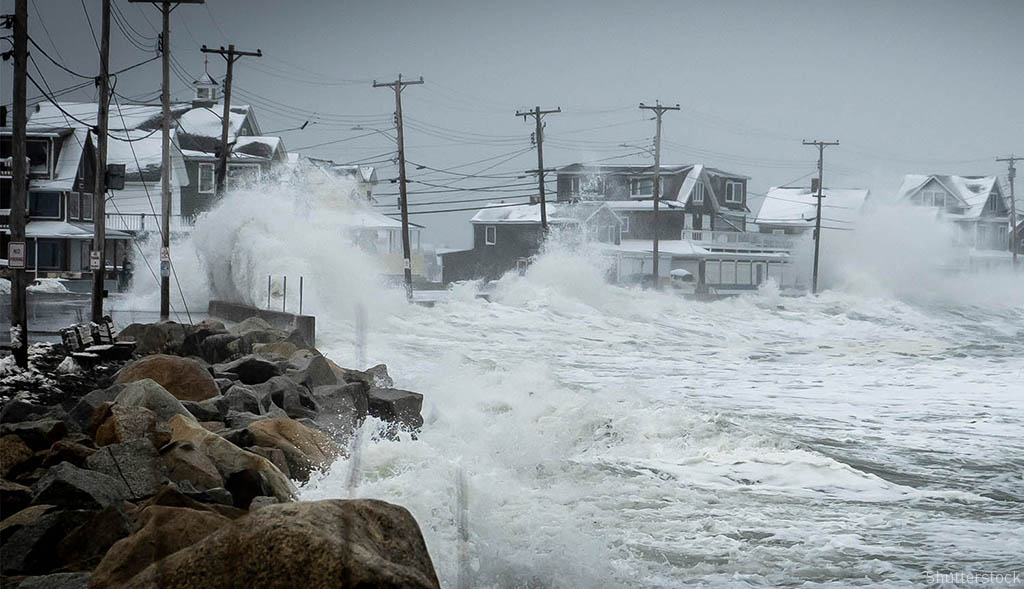 Storm wave crashes against shoreline