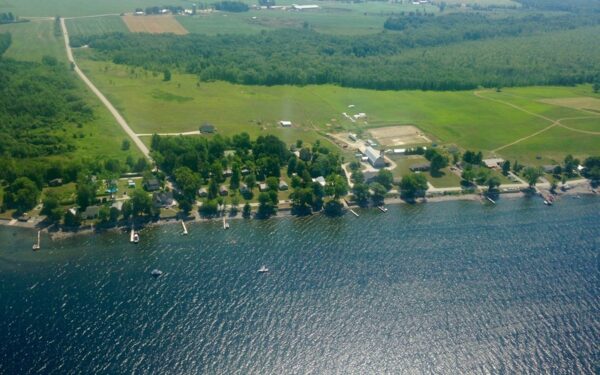 Lake Champlain from the air, showing where land meets water.