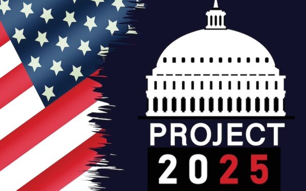 An illustration with a corner of an American flag and an illustration of the capital over the words Project 2025