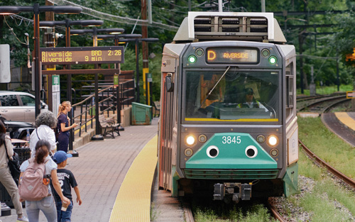 Rendition of MBTA Green Line train sporting Googly Eyes. 