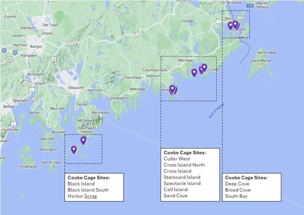 Map of Cooke Aquaculture pens in Maine