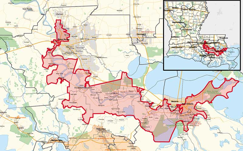 Map of Louisiana's Cancer Alley. Region along the Mississippi River hosting over 150 chemical plants and other polluting facilities. 