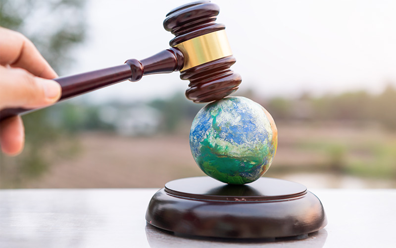 A wooden gavel held by a hand is poised above a small globe balancing on a judge's sound block, symbolizing the intersection of environmental justice and legal decisions. The background is blurred, emphasizing the focus on the gavel and Earth.