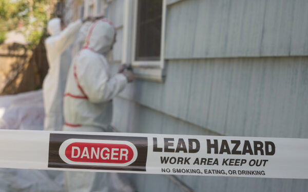 Two workers in protective suits and masks remove lead paint from the exterior of an old house. A warning tape in the foreground reads "DANGER: LEAD HAZARD – WORK AREA KEEP OUT."